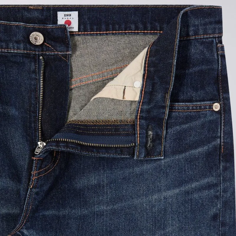 Edwin Slim Tapered Kaihara Pure Indigo Stretch Denim - Blue Mid Dark Used-4