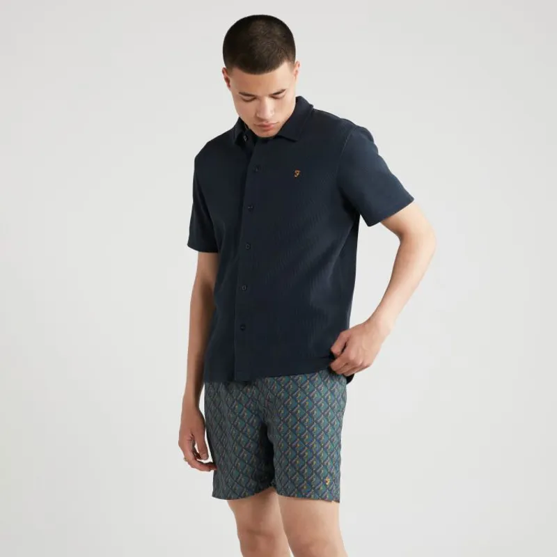 Farah Denny Waffle Button Polo Shirt - True Navy-1
