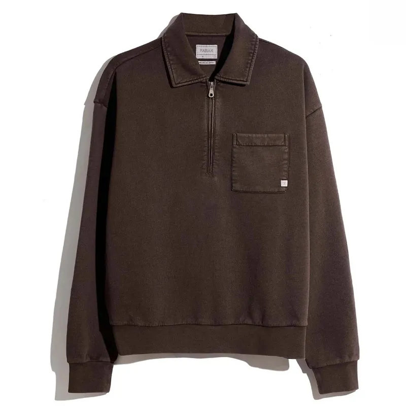 Farah Bellvue Garment Dye 1/4 Zip Sweatshirt - Dark Brown