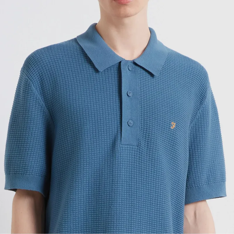 Farah Thornley Knitted Polo Shirt - Blue Tide-2