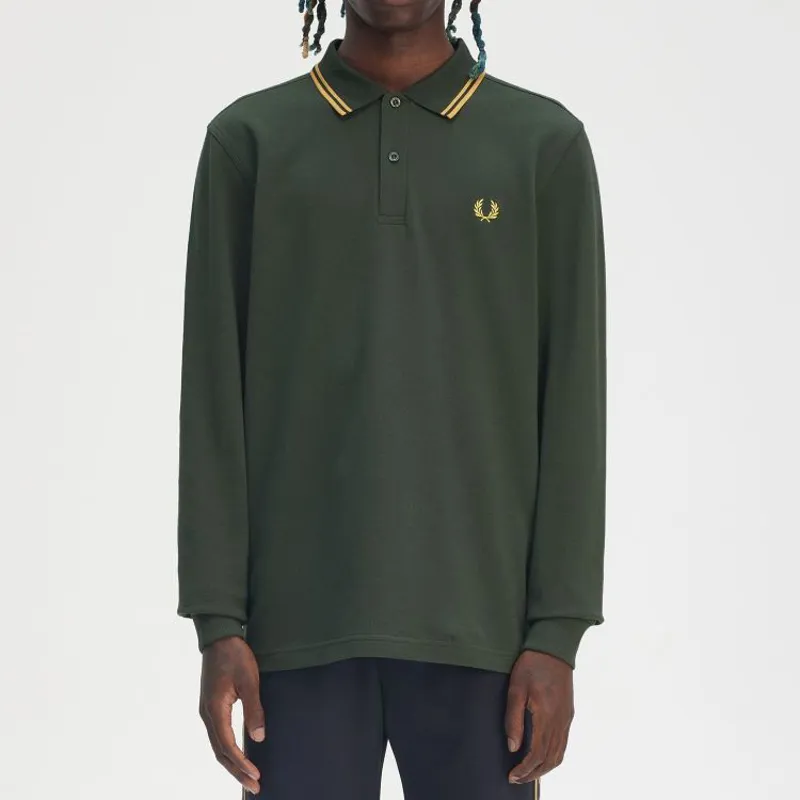 Fred Perry LS Twin Tipped Polo Shirt  - Court Green/Honeycomb/Honeycomb-2