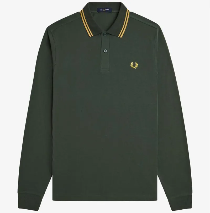 Fred Perry LS Twin Tipped Polo Shirt  - Court Green/Honeycomb/Honeycomb