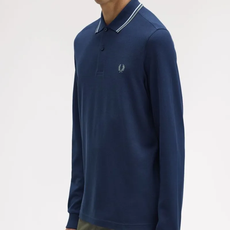 Fred Perry LS Twin Tipped Polo Shirt - Dark Airforce/Light Ice/Bayleaf-3