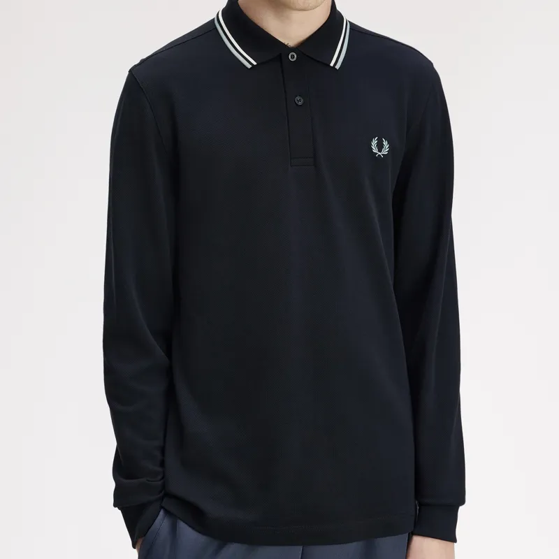 Fred Perry LS Twin Tipped Polo Shirt - Navy/Ecru/Silver Blue-3