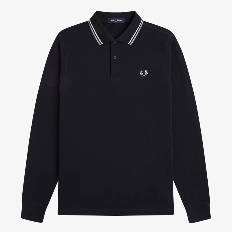 Fred Perry LS Twin Tipped Polo Shirt - Navy/Ecru/Silver Blue