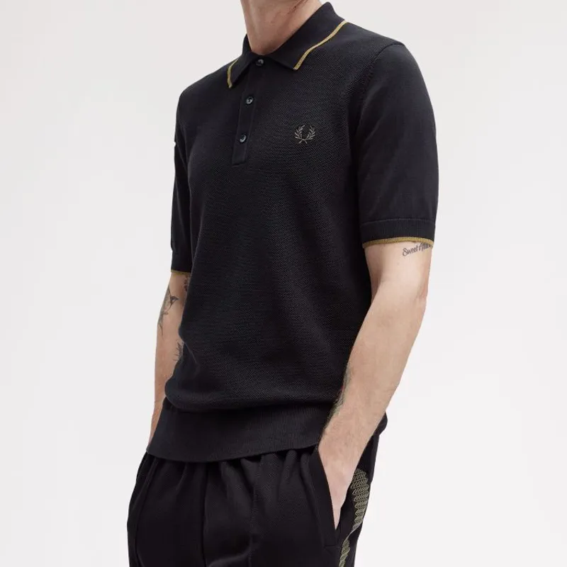 Fred Perry Pique Stitch Knitted Shirt - Black-3
