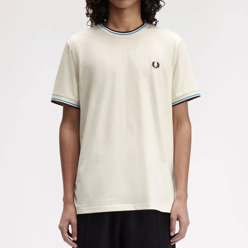 Fred Perry Twin Tipped T-Shirt - Ecru/Court Blue/Oxblood-2