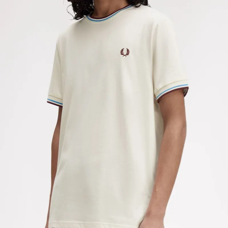 Fred Perry Twin Tipped T-Shirt - Ecru/Court Blue/Oxblood-4