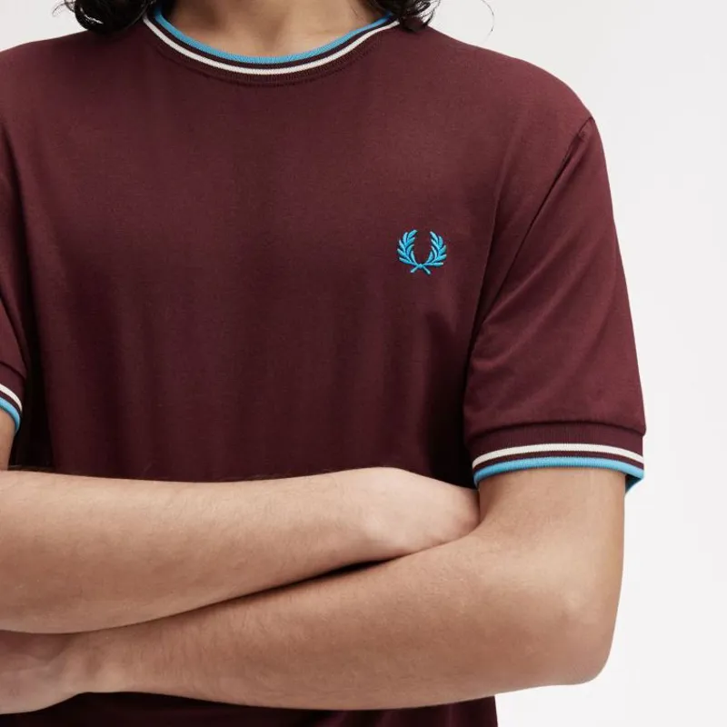 Fred Perry Twin Tipped T-Shirt - Oxblood/Ecru/Court Blue-3