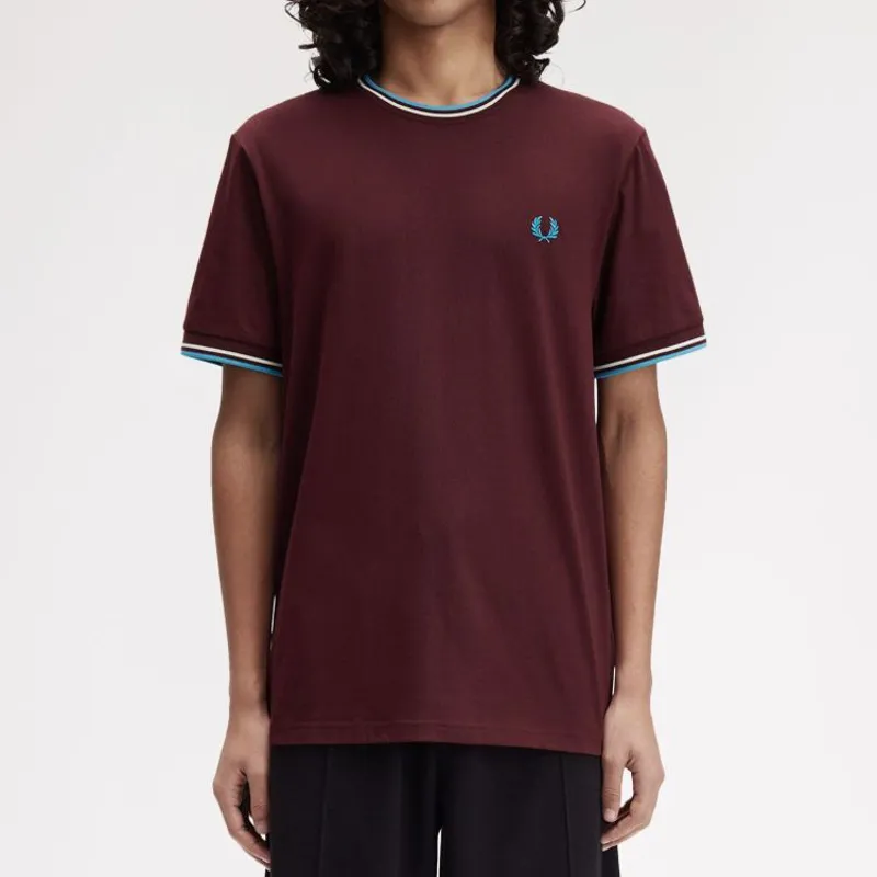 Fred Perry Twin Tipped T-Shirt - Oxblood/Ecru/Court Blue-5