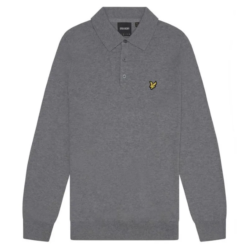 Lyle and Scott Cotton Merino Long Sleeve Knitted Polo - Mid Grey Marl