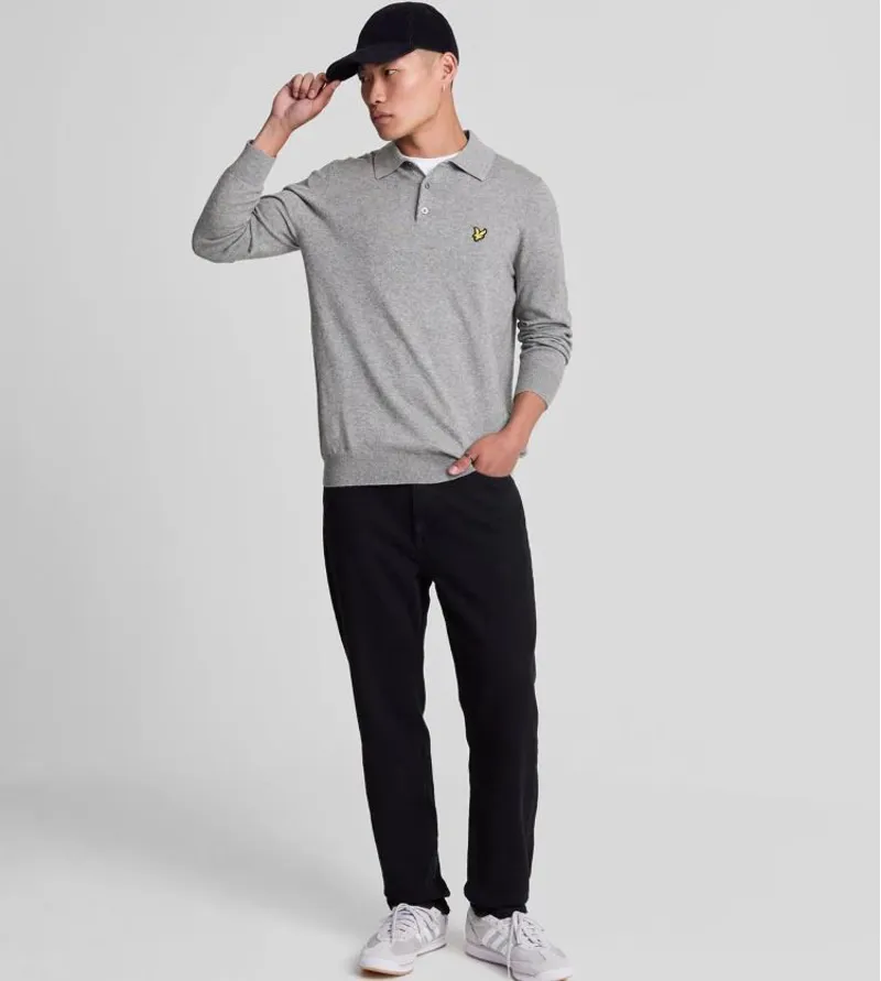 Lyle and Scott Cotton Merino Long Sleeve Knitted Polo - Mid Grey Marl-1